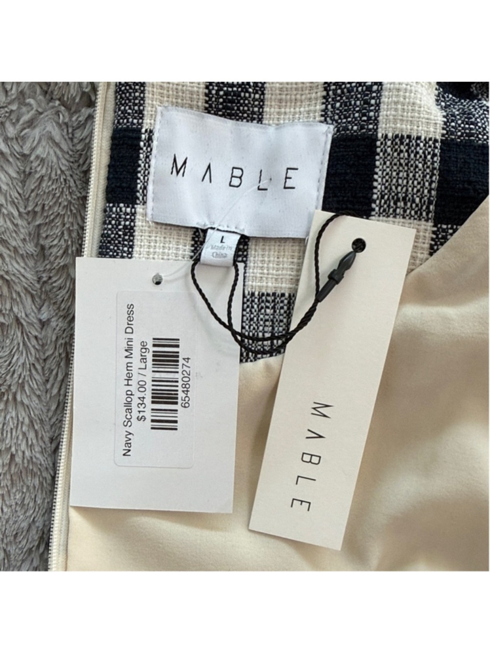 Sleeveless Navy and Cream Gingham Mini Dress with Scalloped Hem - Picture 4 of 8